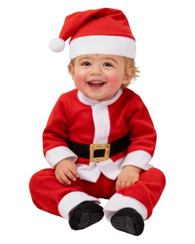 Funidelia Disfraz de Papá Noel para bebé, Navidad, Incluye chaqueta con cinturón impreso, pantalón y gorro   Traje para bebé para fiestas, Carnaval y Halloween, Talla 0 6 meses