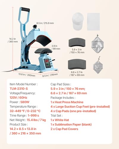 Image of VEVOR 2-in-1 Hat Heat Press Machine, with 2 Platens & Caps Stretcher, Precise Temp&Timer Control, Hat Press Heat Machine for Caps Compatible with HTV Iron On and Sublimation Projects, Light Blue