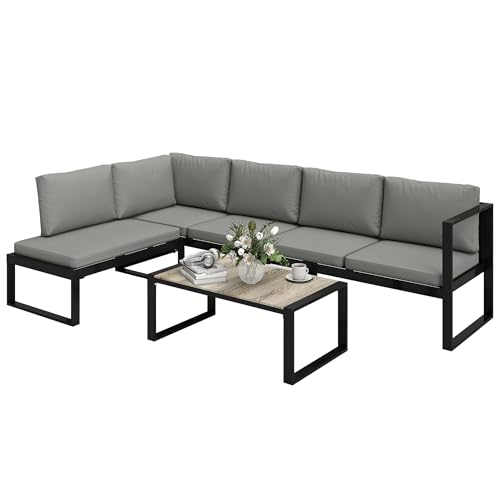 Outsunny Salon de Jardin extérieur d'angle modulable 5 Personnes, canapés, Chaise sans accoudoirs, Table Basse, Coussins, Structure en métal et textileline,...