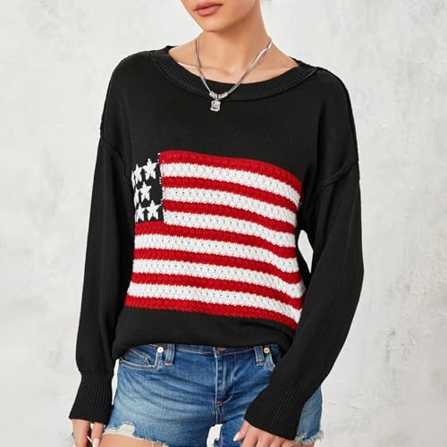 Image of Women American Flag Sweater Loose Vintage USA Sweatshirt Long Sleeve Crewneck Hollow Out 4th of July Jumper