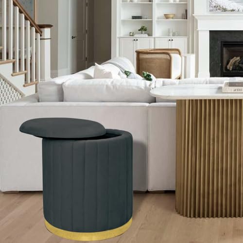 Image of Round Velvet Luxurious Storage Ottoman, Pouf with Storage Vanity Stool Chair,Upholstered Foot Rest Stool with Gold Strip Base for Living Room or Bedroom (Black., Large-40Dx40Wx46H)