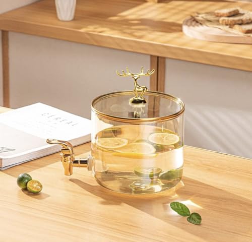 Image of HOMIES 8 Piece Set Glassware, Glass Beverage Dispenser with Reindeer Antler Topper lid, 6 Glasses and Wooden Stand (2600ml+ 270ml) for Party, Kitchen, Home, Restaurant
