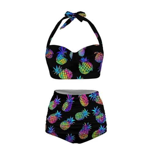 Biyejit Vintage Pineapple Women High Waisted Bikini Set Two Piece Tummy Control Swimsuit Halter Top with Bottom Bathing Suit Vintage Swimwear