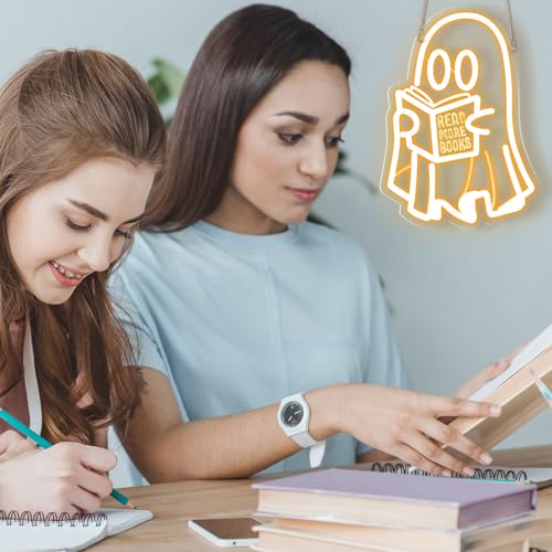 Image of Retisee Ghost Reading Book Lamp Reading Ghost Neon Sign LED Room Hanging Sign Book Neon Light for Bedroom Home Library Read Club Kids Room Store Lover Gifts