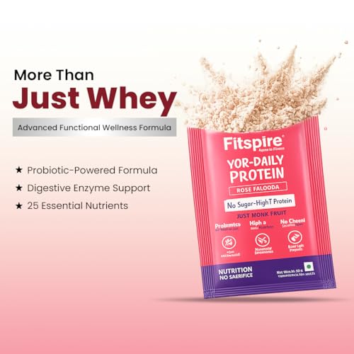Image of Fitspire YOR Daily Rose Falooda Protein Powder 50g | 20g Protein with 24+ Vitamins & Probiotics for Daily Wellness | Zero Added Sugar, Sweetened with Monk Fruit