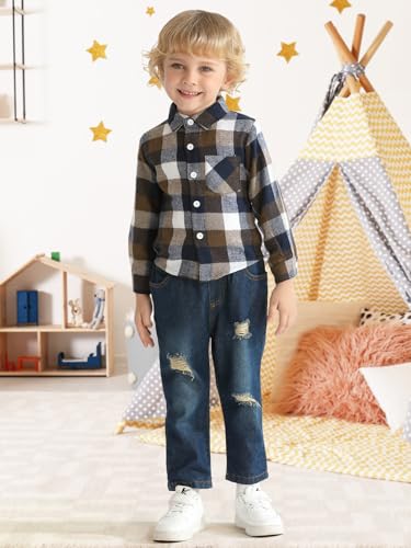 Image of Toddler Baby Boy Clothes Infant Denim Outfits Flannel Plaid Button Shirt Pockets Ripped Jeans Pants 2 PCS Clothing