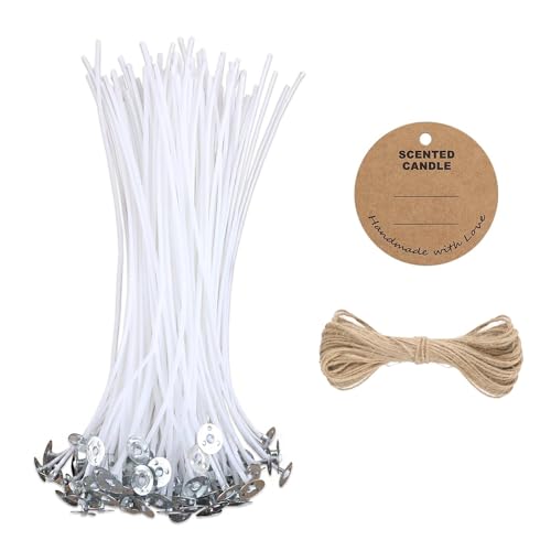 Candle Wicks 50 Pcs 10cm Cotton Pre Waxed Candle Wicks for Making Candles with 20 Tag Labels and 20 Jute Strings Long Lasting with No Black Smoke for DIY Crafts