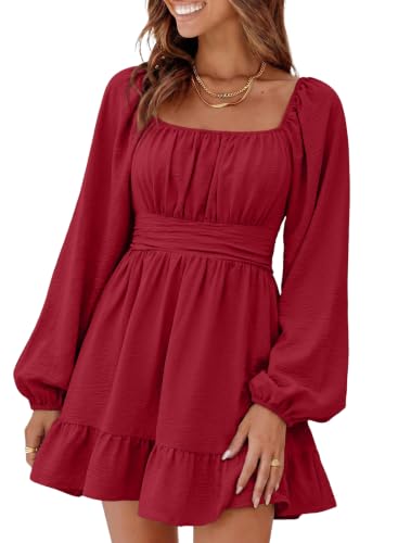 Image of Dokotoo Womens Dress Long Lantern Sleeve Square Neck Tie Backless Sexy Dress Ruffle Elastic Waist A-Line Mini Dress