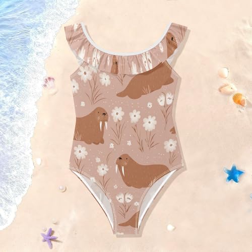 Traje de baño para niñas color marrón de verano bañador infantil con volantes 3-6 años 2