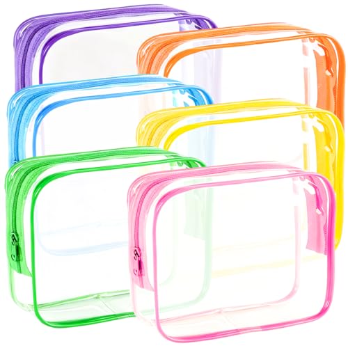 YOQIVEXU 6 Pieces Clear Makeup Bags Bulk, TSA Approved Toiletry Bag PVC Clear Cosmetic Toiletries Pouch with Zipper, Waterproof Vinyl Plastic Organizer Case for for Women Carry-on Travel Essentials