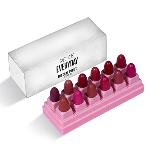 RENEE Everyday Dozen Pout Mini Lipsticks | Creamy Texture, Matte Finish, Long-Lasting | With Shea Butter, Almond Oil & Vitamin E | Hydrates & Softens Lips | Travel-Friendly, Set of 12 | 14.4 g
