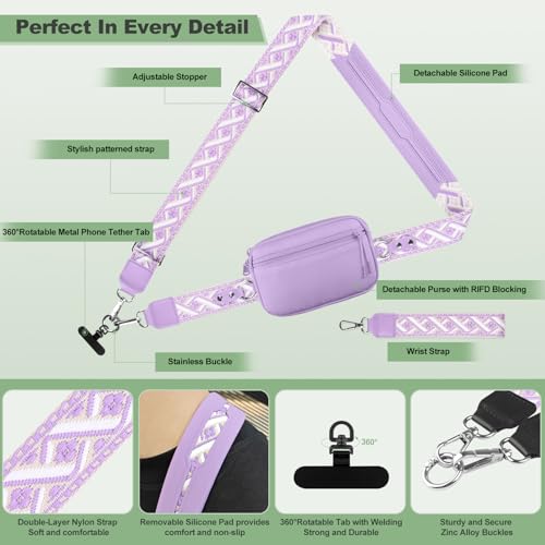 Image of YFWE Clip and Go Strap for Phone with Wallet Crossbody, Adjustable Phone Lanyard with Detachable RFID Wristlet Wallet, Pattern Strap, Purple (M)