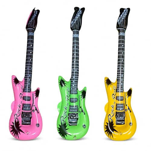 Ovanda 3 Stück Aufblasbare Gitarre ca. 95 cm Luftgitarre Aufblasbar Bunt Rock Party Deko 80er 90er Party Zubehör Fotobox Requisiten Musik Partys Deko für Geburtstag Mottoparty Festival Partys