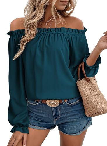 EVALESS Off the Shoulder Tops for Women Long Sleeve Blouses,Dark Green,L