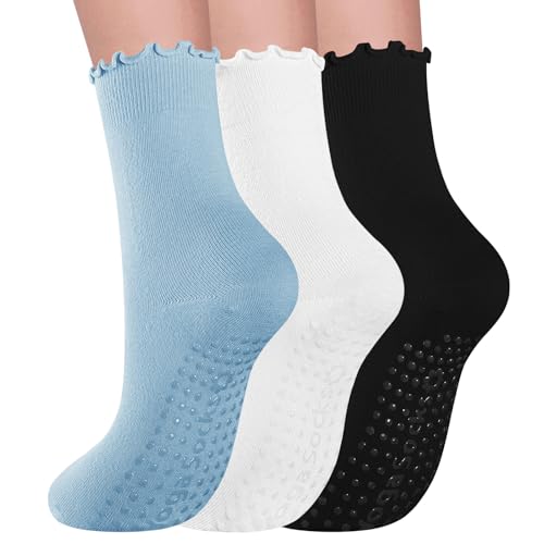 Image of 3 Pairs Pilates Socks with Grips for Women Non Slip Grip Ruffle Yoga Ankle Grippy Socks