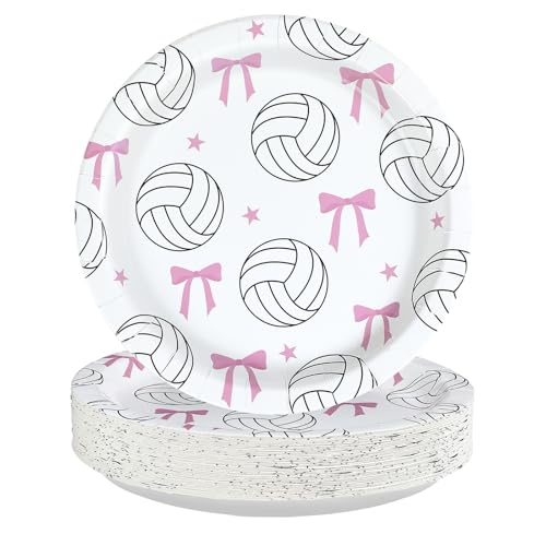 Greencian 50pcs Volleyball Party Decorations 9 Pink Bow Volleyball Birthday Paper Plates Sports Disposable Plates for Girls Sports Birthday Party Decorations