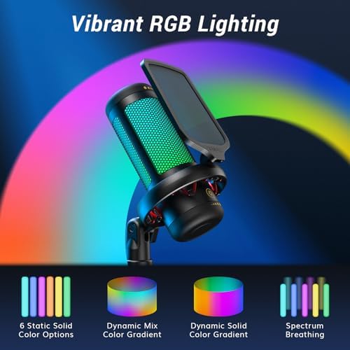Mikrofon USB do gier TONOR TC310+ z regulowanymi trybami RGB i jasnością, idealny do strumieniowego nagrywania podcastów, studia nagraniowego na YouTube. Kompatybilny z komputerem, laptopem, Maciem