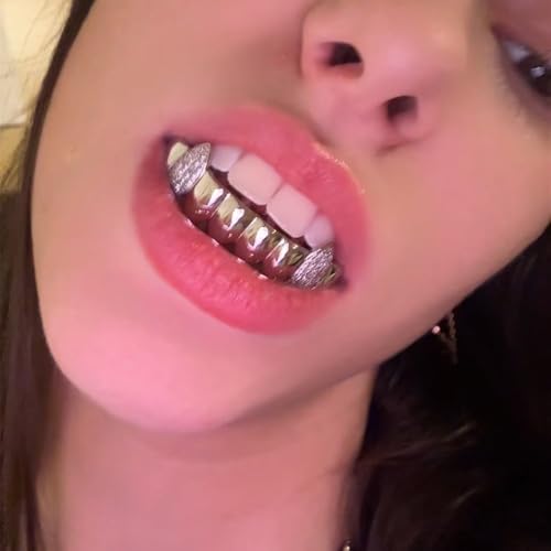 Grillz street Hip Hop personality Gold Shiny Copper gold-plated teeth Grillz Vampire fangs Grills Daily wear Halloween and Party Unisex - Comes With Tweezer & Dental Wax (8002Silver)4