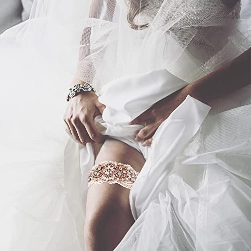 Yanstar Wedding Bridal Garter Off-White Stretch Lace Bridal Garter Sets With Rose Gold Rhinestones Clear Crystal Pearl For Wedding #TOP3