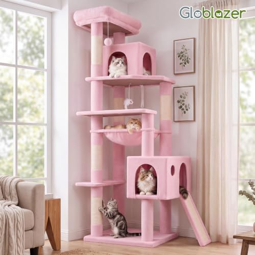Image of Globlazer Pink Heavy Duty Cat Tree, 70 inch Sturdy Cute Cat Tower for Indoor Cats Extra Large Cat Tower with Scratching Post, Hammock, Cat Condo for Adult Cats Kittens, F70 Pro, Pink