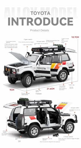Image of 1:24 Scale Diecast Land Cruiser LC80 Model Car - Metal Pull Back Toy with Opening Doors, Lights & Sounds - Collectible Toy SUV for Boys Age 3-8, Certified Safe Gift for Kids (White)