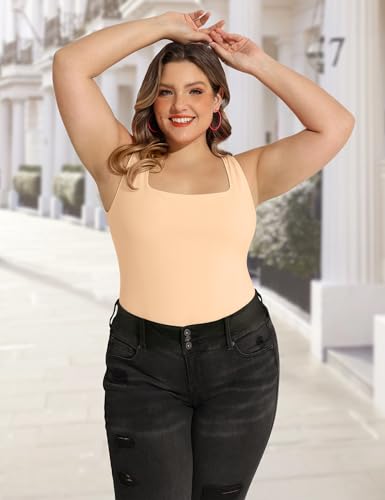 Image of FOREYOND Plus Size Bodysuits for Women Short Sleeves Square Neck Body Suit Tops Casual Basic Slim Fit Shirts Leotards