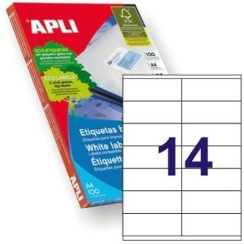 APLI 1275 - Etiquetas blancas permanentes adhesivas imprimibles, Inkjet-Laser-Copy, tamaño etiqueta 105 x 40 mm, cantos rectos, pack de 100 hojas A4 (1400 etiquetas), ideal para sobres