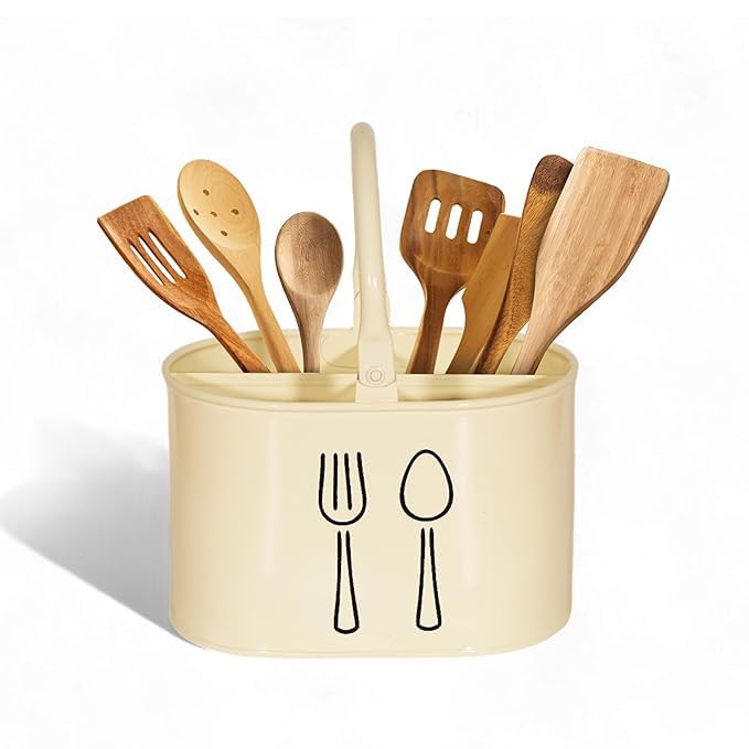 Image of Clazkit Plastic Cutlery Holder for Kitchen Counter | Rust-Resistant Spoon, Fork & Knife Organizer | Multipurpose Utensil Storage Basket | Ivory