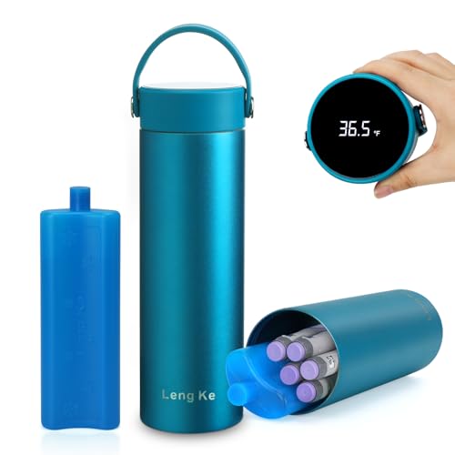 Estojo de viagem para resfriador de insulina 24H Leng Ke com display de temperatura aprovado pela TSA, garrafa térmica de viagem para diabetes com bolsa de gelo de insulina (azul gelo)