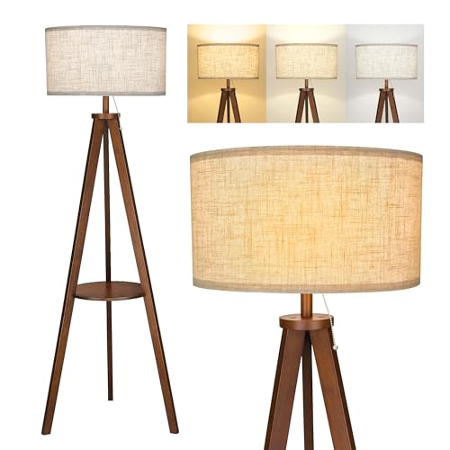 ELYONA Solid Wood Tripod Floor Lamp 3 Color Temperatures LED Blub Tall Standing Light with Table Mid Century Modern Corner Reading Floor Lamp for Living Room Bedroom Office Pull Chain Controls Brown