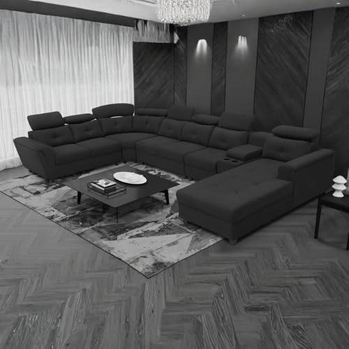 Image of Torque Arnold Fabric 8 Seater Sofa with Lounger and Cup Holder Black | Corner Sofa Couch with Moveable Headrest | U Shape Sectional Sofa Set Living Room Office Home