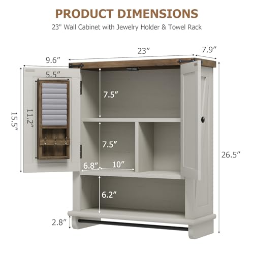 Image of QUW Farmhouse Bathroom Wall Cabinet, Modern Medicine Cabinets with Towel Bar & Jewelry Holder, Over The Toilet Storage Cabinet with Barn Door for Laundry, Living Room, Hallway, Antique White