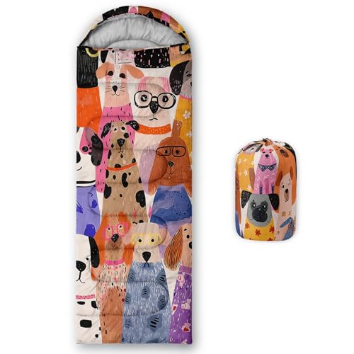 AILONEN Funny Dogs Sleeping Bag for Kids Teens,Warm and Cool Weather for 3 Season,Lightweight,Waterproof Backpacking,Cartoon Puppy Sleeping Bag for Camping