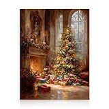 Dazzlewall Weihnachtsbaum Wandkunstdruck, Ölgemälde Stapel Von Geschenken Kamin Kunstwerk Druck Luxus Weihnachtsbaum Dekor für Zu Hause Geschenke für Ihn Sie, 12x16 zoll Ungerahmt