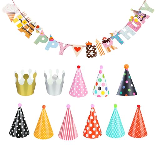 DHWEKU Set di 11 cappelli da festa, per compleanno, 9 cappelli da festa con pompon e corona per 2 compleanni, adatti per feste di famiglia, per bambini e adulti
