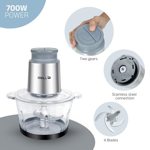 Image of IBELL MT200GPRO Electric Chopper with 2-Yr Warranty, 700W Powerful Motor, 2L Glass Bowl, Multipurpose for Meat, Vegetables, Fruits & Nuts, Includes Garlic Peeler & Egg Whisker (Silver)