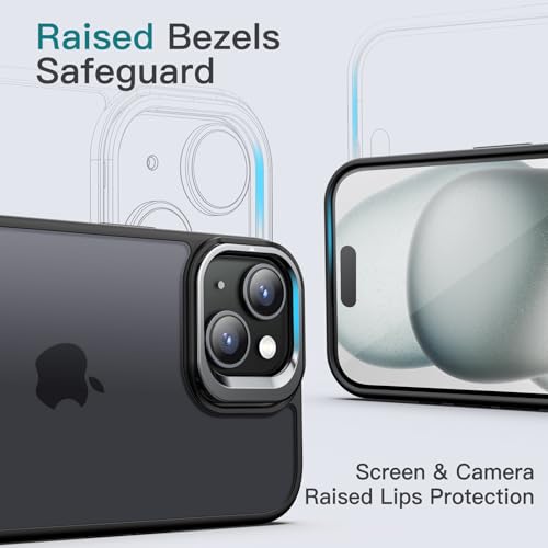 JETech キックスタンドケース iPhone 15 6.1インチ用 調整可能なカメラスタンド内蔵 軍用の落下保護 つや消し 半透明マットバック 耐衝撃スマホカバー (ブラック)