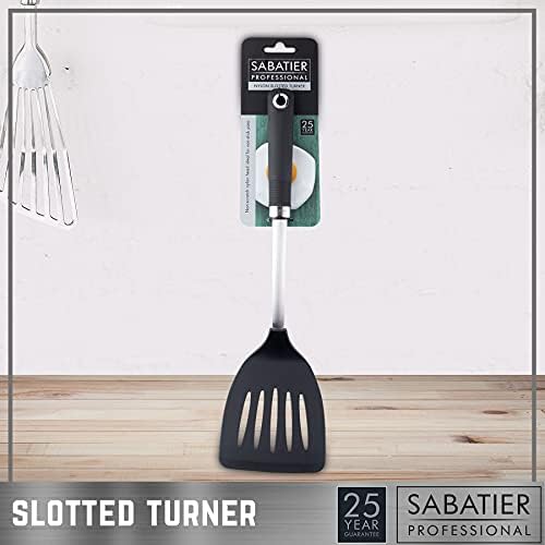 Sabatier Professional Nylon Slotted Turner - Non-Scratch Spatula for Non-Stick Pans. Stainless Steel Construction & Soft Grip Handle. Burger Flipper, Fried Egg Turner. 25 Year Guarantee.