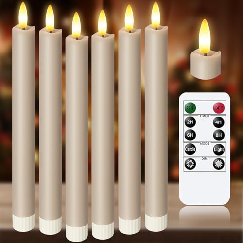 Image of Upgraded Real Wax LED Flameless Taper Candles with Remote, 6 PCS Taupe 9.6 inch Long Realistic Fake Candlesticks for Home /Wedding /Fireplace Xmas Decor