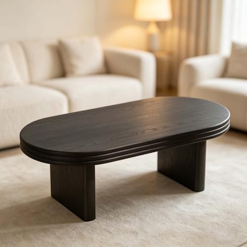 Minimalist Black Oval Coffee Table, Smooth Curved Wooden Center Table, Contemporary Accent Furniture Ideal for Japandi, Wabi Sabi & Modern Home Decor