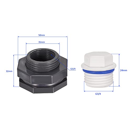 M METERXITY 1 Set PVC Bulkhead Fitting, Threaded Bulkhead Water Tank Connector, with Plug Fitting, Apply to Faucets - Image 3