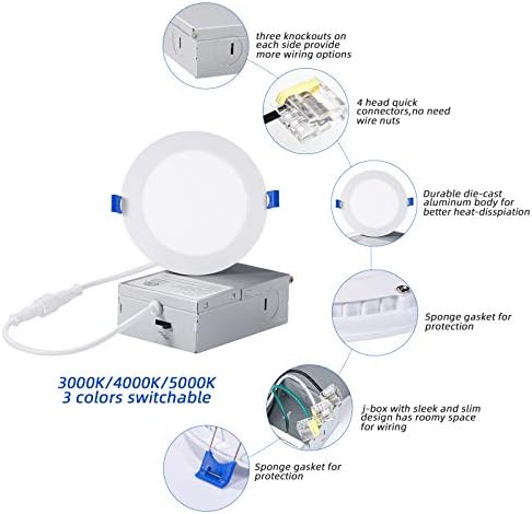 INCARLED 4Inch 3CCT 6Pack LED Recessed Slim Pot Lights with Junction Box, - 2