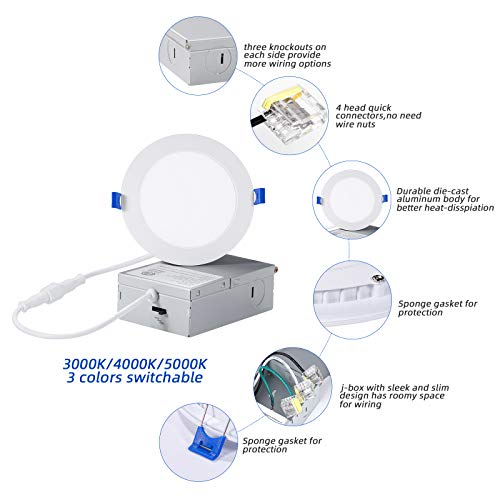 INCARLED 4Inch 3CCT LED Recessed Slim Pot Lights with Junction Box, Dimmable IC Rated Ceiling Lighting 9W 750LM (12pack, 5000K/4000K/3000K-3CCT) by INCARLED - Image 3