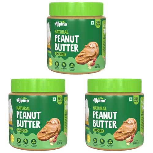 Image of ALPINO Natural Peanut Butter Smooth - Made with 100% Roasted Peanuts - 30g Protein, No Added Sugar & Salt, Gluten Free, Unsweetened Peanut Butter Creamy (400 G) (Pack of 3)