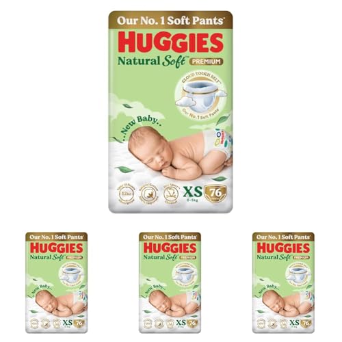 Image of Huggies Natural Soft Premium Baby Diaper Pants, Our No.1 Soft Pants, New Born /Extra Small (XS) Size (0-5 Kgs), Pack of 304 | Cloud Softness All over with India's 1st Cloud Touch BeltTM
