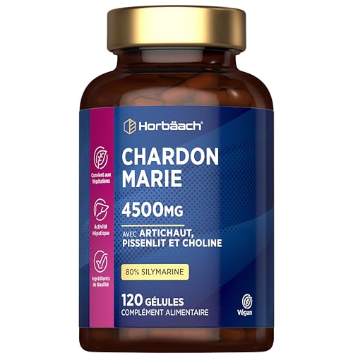 Chardon Marie Gelules 4500mg | 80% Silymarine | 120 Gélules | Complexe Chardon Marie, Pissenlit et Artichaut | Complément Alimentaire avec Choline | Milk Thistle Complex | by Horbaach