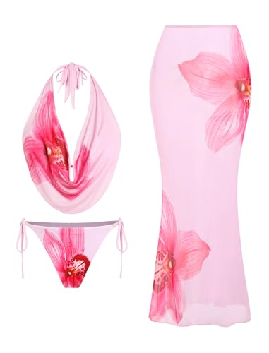 Image of ZAFUL Women's 3 Piece Floral Swimsuit Draped Neck Halter Bikini Tie Side Bathing Suit with Sheer Cover Up Skirt
