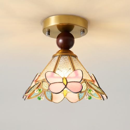 Jadssox Lámpara de techo de montaje semiempotrado, luz de pasillo dorada, lámpara de techo vintage con pantalla de vidrio en forma de mariposa, lámparas de techo retro de 8,27 pulgadas para porche y b