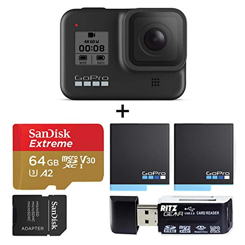 Ritz Gear HERO8 Black Waterproof Action Camera with Touch Screen 4K Ultra HD Video 12MP Photos 1080p Live with Accessory Bundle + 2 Extra Batteries + Sandisk 64GB MicroSDHC U3 + Ritz Gear Reader