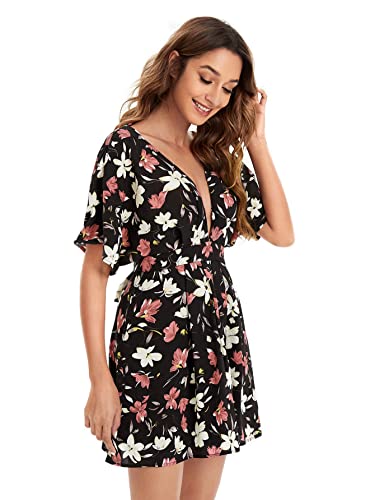 Image of Floerns Women's Tropical Floral Plunging V Neck Tie Open Back Summer Short Dress